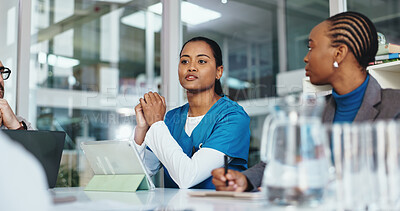 Buy stock photo Nurse, woman and meeting with team in office for planning, medical report and feedback on operation. People, tablet and results for healthcare, surgery schedule and brainstorming for hospital funding