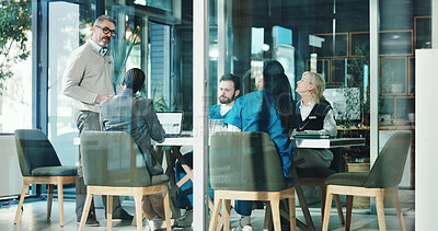 Buy stock photo Boardroom, meeting teamwork with medical staff in hospital for discussion or strategy. Healthcare, collaboration and development with doctor group in glass office of clinic for administration