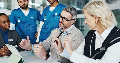 Buy stock photo Doctors, nurses or discussion with tablet in hospital for medical results, health update or feedback. Meeting, people and teamwork with tech for clinic budget, surgery planning and task delegation