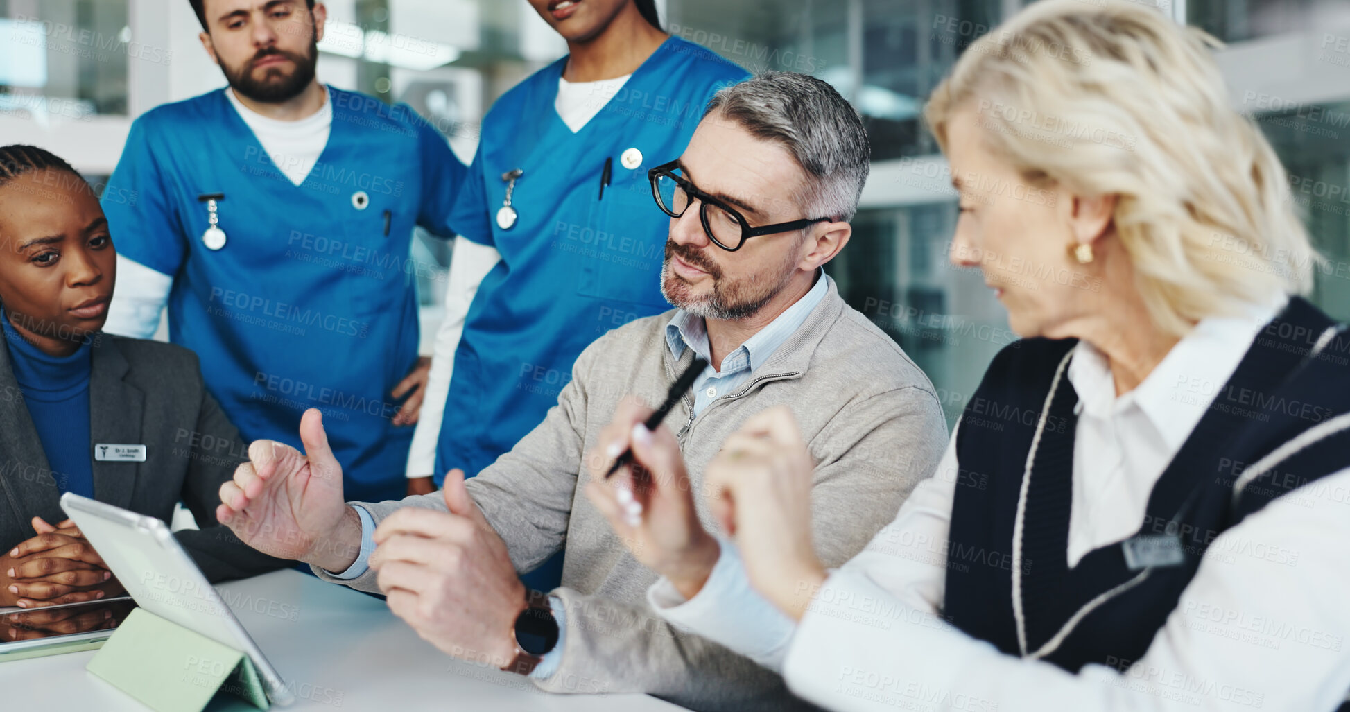 Buy stock photo Doctors, nurses or discussion with tablet in hospital for medical results, health update or feedback. Meeting, people and teamwork with tech for clinic budget, surgery planning and task delegation