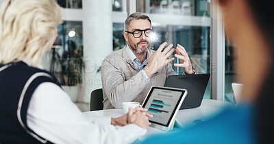 Buy stock photo Hospital, meeting and people with laptop for discussion, teamwork and budget review for insurance. Healthcare, clinic and staff on computer with statistics for medical research, planning and funding