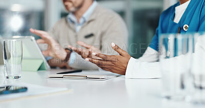 Buy stock photo Nurse, hands or medical team with tablet in meeting for health procedure or discussion in hospital. People, healthcare worker or employees with technology or documents for pitch or clinic development