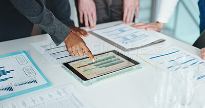 Buy stock photo Hospital, tablet and hands of people in meeting for teamwork, discussion and budget review. Healthcare, documents and staff on digital tech with statistics for medical research, investment or funding