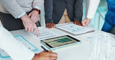 Buy stock photo Hospital, documents and hands of people on tablet for teamwork, discussion and budget review. Healthcare, clinic and staff on digital tech with statistics for medical research, meeting and insurance