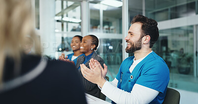 Buy stock photo Man, nurse and applause for team at meeting, excited or congratulations for promotion at clinic. People, medical staff and happy with group, motivation and celebration for goals in hospital boardroom