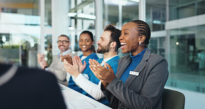 Buy stock photo Woman, doctors and applause for team at meeting, excited or success with achievement at wellness clinic. People, medical staff and happy group with thanks, celebration and goals in hospital boardroom