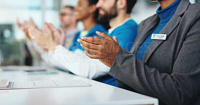 Buy stock photo Clapping hands, medical board and doctors in hospital for meeting with achievement or funding opportunity. Applause, discussion and healthcare employees with celebration for good news in clinic.