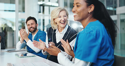 Buy stock photo Woman, nurse and applause for team at meeting, excited or congratulations for promotion at clinic. People, medical staff and happy with group, thanks and celebration for goals in hospital boardroom