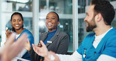 Buy stock photo Applause, medical board and doctors in clinic for meeting with achievement or funding opportunity. Clapping hands, discussion and healthcare employees with celebration for good news in hospital.