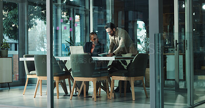 Buy stock photo Idea, business people and team with tablet in office for proposal, help or financial feedback. Cooperation, investment banker or tech for discussion, planning or smile in boardroom meeting for profit