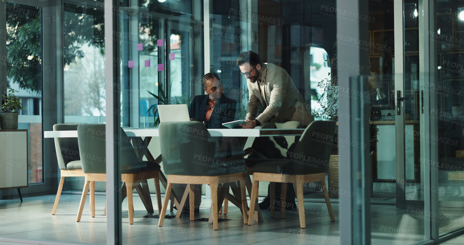 Buy stock photo Idea, business people and team with tablet in office for proposal, help or financial feedback. Cooperation, investment banker or tech for discussion, planning or smile in boardroom meeting for profit
