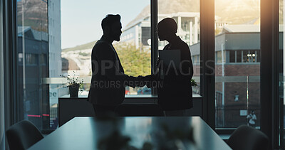 Buy stock photo Handshake, window and business people in office for proposal meeting, finance planning and problem solving. Shaking hands, consultant and entrepreneur for discussion, merger solution or deal decision