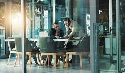 Buy stock photo Training, business people and team with tablet in office for idea, help or financial feedback. Cooperation, investment banker or tech for planning, coaching or account review in boardroom meeting