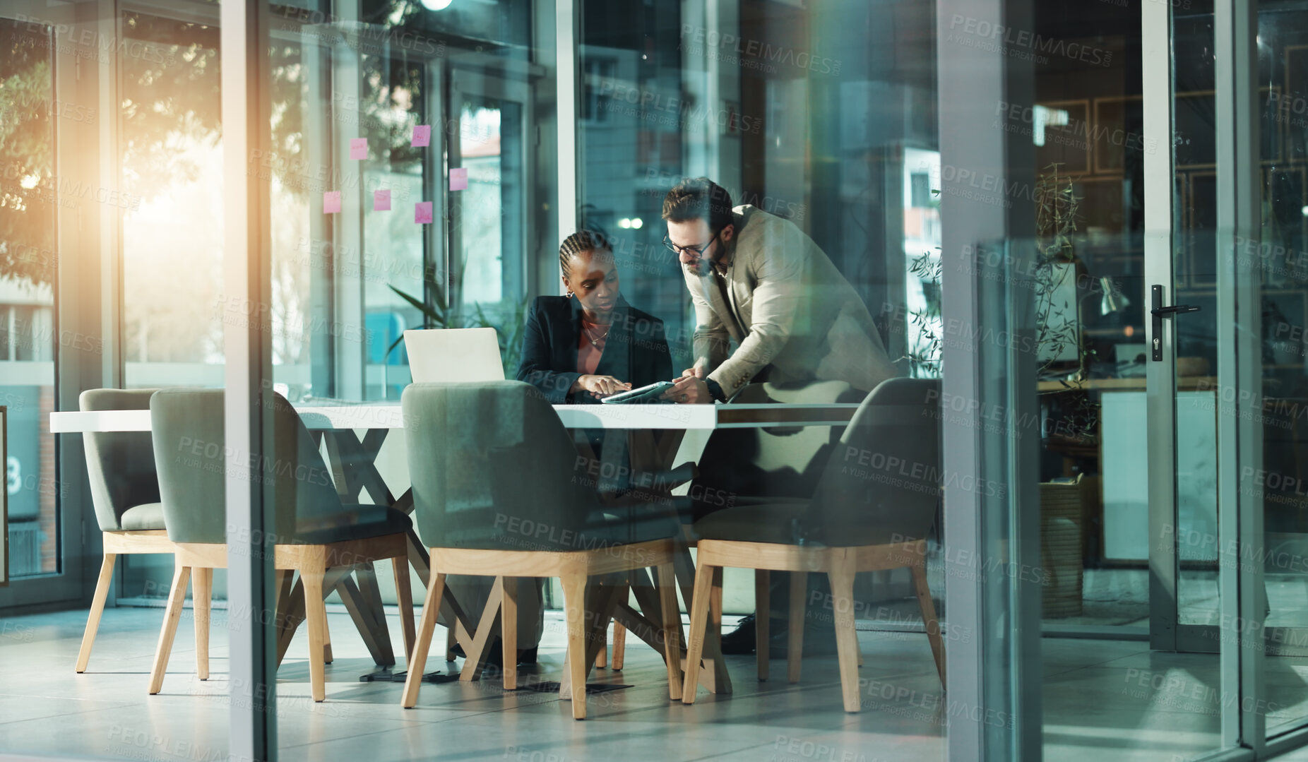 Buy stock photo Training, business people and team with tablet in office for idea, help or financial feedback. Cooperation, investment banker or tech for planning, coaching or account review in boardroom meeting