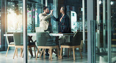 Buy stock photo People, colleagues and high five for agreement, office or celebration for deal, corporate and unity. Boardroom, man and woman with gesture for success, collaboration and win for team in business