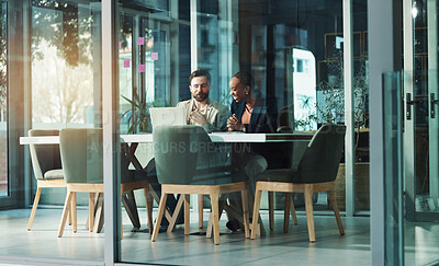 Buy stock photo Planning, business people and team with laptop in office for proposal, profit or financial feedback. Cooperation, investment banker or smile with computer for discussion, good news or idea in meeting