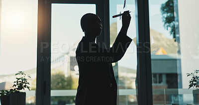 Buy stock photo Business, woman and writing notes on window for planning, ideas and reminders for schedule update. Female person, glass and brainstorming for tasks, information and company agenda of project deadline