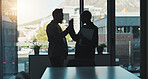 People, colleagues and high five for deal, office or celebration for agreement, corporate and unity. Silhouette, man and woman with gesture for success, collaboration and win for team in business