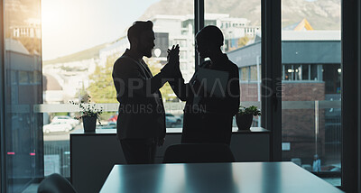 Buy stock photo People, colleagues and high five for deal, office or celebration for agreement, corporate and unity. Flare, man and woman with gesture for success, collaboration and achievement for team in business