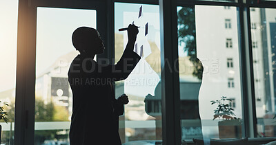 Buy stock photo Business, woman and writing notes on glass for planning, ideas and reminders for schedule update. Female person, window and brainstorming for tasks, information and company agenda of project deadline