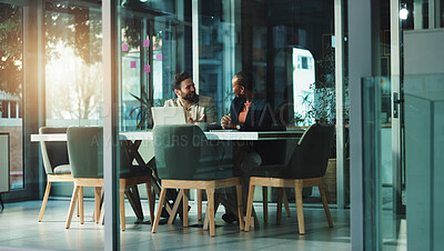 Buy stock photo Planning, business people and laugh in meeting with team for joke, proposal or financial solution. Cooperation, investment banker and smile with laptop for discussion, funny story or idea in office