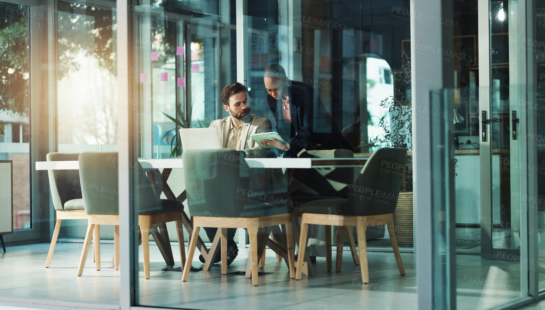 Buy stock photo Planning, business people and team with tablet in office for proposal, help or financial feedback. Cooperation, investment banker and tech for discussion, economy news and idea in boardroom meeting