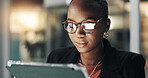 Business, night and black woman with tablet, glasses and financial agency with stock market. African person, evening and employee in office, fintech and eyewear with connection, app and investment
