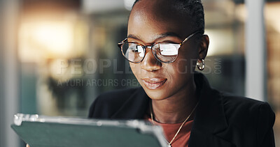 Buy stock photo Business, night and black woman with tablet, glasses and financial agency with stock market. African person, evening and employee in office, fintech and eyewear with connection, app and investment