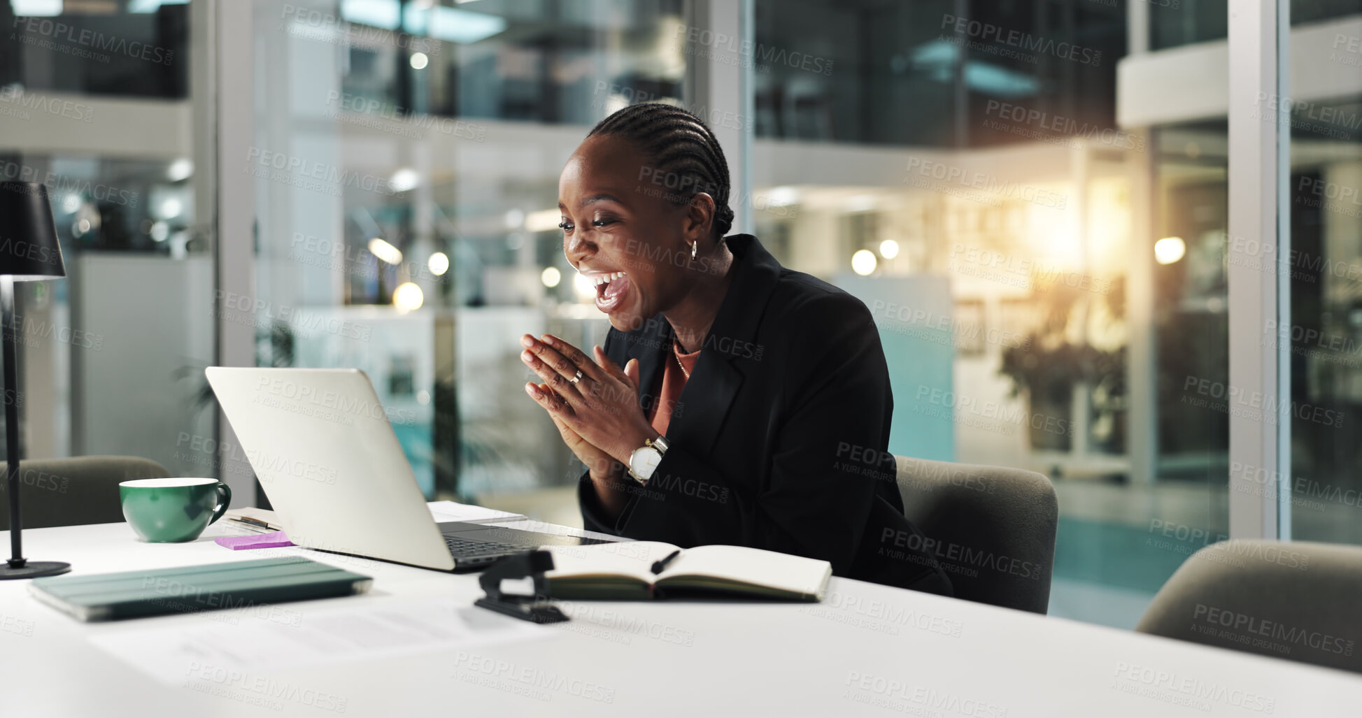 Buy stock photo Employee, success and black woman with laptop, office or positive feedback on email or working late. Night, accountant and person with smile for achievement, celebration and job promotion in business