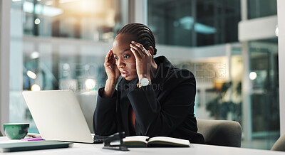 Buy stock photo Stress, laptop and black woman in office at night with finance report deadline for client. Burnout, headache and African female financial manager with computer for investment proposal in workplace.