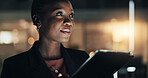 Business, night and black woman with tablet, thinking and financial agency with investment. African person, evening and broker with solution, fintech and internet with planning, accounting and choice