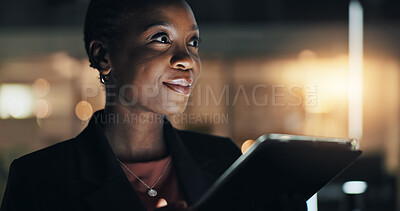 Buy stock photo Business, night and black woman with tablet, thinking and financial agency with investment. African person, evening and broker with solution, fintech and internet with planning, accounting and choice