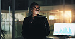 Black woman, tablet and thinking at office with finance, graphs and review at night with computer screen. African investor, broker and insight with tech, application or stats with charts at agency