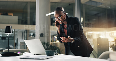 Buy stock photo Business, woman or phone call with laptop at night for international client, negotiation or advice. Financial advisor, black person and contact in office for debt review and global investment account