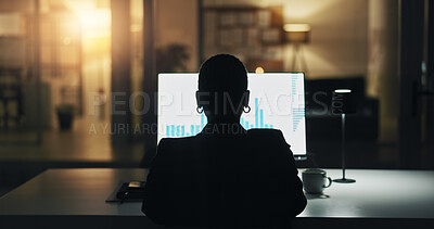 Buy stock photo Business person, computer screen and night at office with finance graphs, back and silhouette at company. Corporate investor, broker and reading with trading statistics, charts and feedback at agency