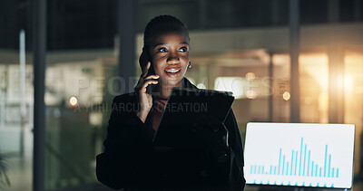 Buy stock photo Black woman, phone call and night at office with finance, graphs and networking with computer screen. African investor, smartphone and talk with trading stats, charts and smile for feedback at agency