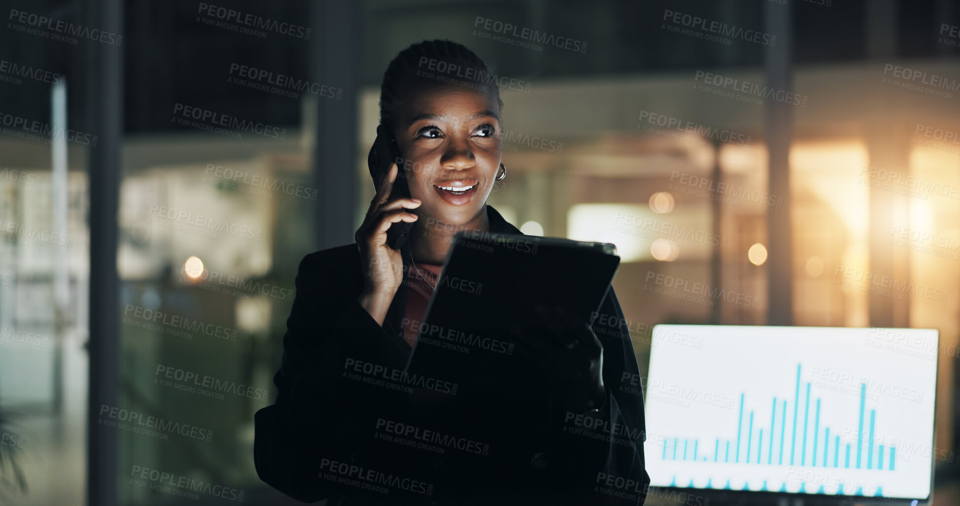 Buy stock photo Black woman, phone call and night at office with finance, graphs and networking with computer screen. African investor, smartphone and talk with trading stats, charts and smile for feedback at agency