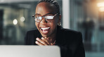 Excited, employee and black woman with laptop, office or positive feedback on email or working late. Night, accountant and person with smile for achievement, celebration and job promotion in business