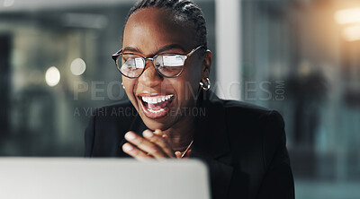 Buy stock photo Excited, employee and black woman with laptop, office or positive feedback on email or working late. Night, accountant and person with smile for achievement, celebration and job promotion in business