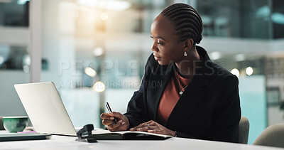 Buy stock photo Business, night and black woman with laptop, writing and investment growth with planning. African person, financial agency and employee in office, PC and notebook for stock market or trading schedule