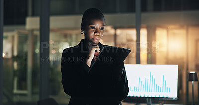 Buy stock photo Black woman, tablet and night at office with finance, graphs and thinking for review with computer screen. African investor, broker and insight with tech, application or stats with charts at agency