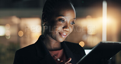 Buy stock photo Business, night and black woman in office, tablet and financial agency with stock market. African person, evening and employee with investment, bokeh and internet with connection, accounting and app