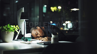Buy stock photo Tired, black woman and sleeping in office at night for rest, dreaming and exhausted of deadline. Female person, fatigue and workaholic nap for break, employee burnout and low energy from working late