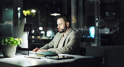 Buy stock photo Computer, typing and night with business man in office for planning, insurance broker and feedback. Portfolio analysis, research and overtime with person in agency for client application and review