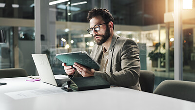 Buy stock photo Businessman, night or tablet with research for project deadline or development in conference room. Man, analyst and working late with technology or laptop for corporate strategy or planning in office