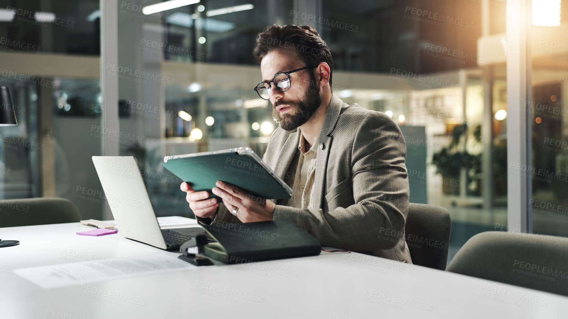 Buy stock photo Businessman, night or tablet with research for project deadline or development in conference room. Man, analyst and working late with technology or laptop for corporate strategy or planning in office