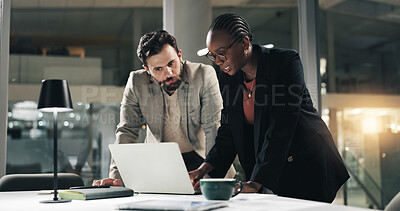 Buy stock photo Meeting, night and business people on laptop for review discussion, planning and proposal deadline. Corporate office, working late and woman with man on tech for research, budget and financial report