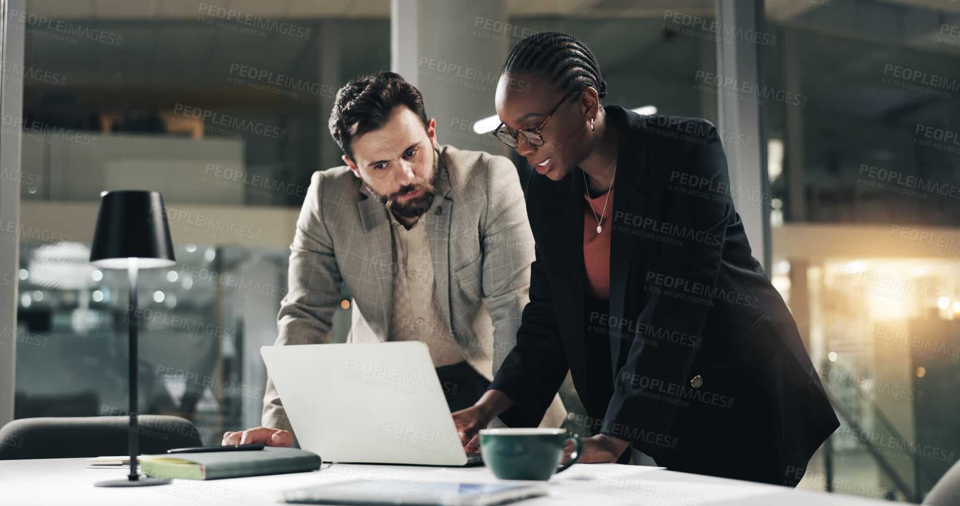 Buy stock photo Meeting, night and business people on laptop for review discussion, planning and proposal deadline. Corporate office, working late and woman with man on tech for research, budget and financial report