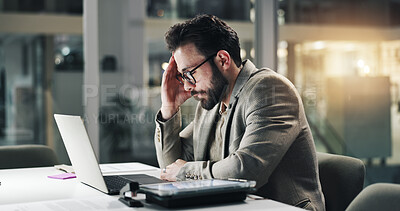 Buy stock photo Businessman, laptop and night with headache or stress in office for finance, debt or mistake. Frustrated, man or financial analyst working late with migraine on computer for corporate bankruptcy