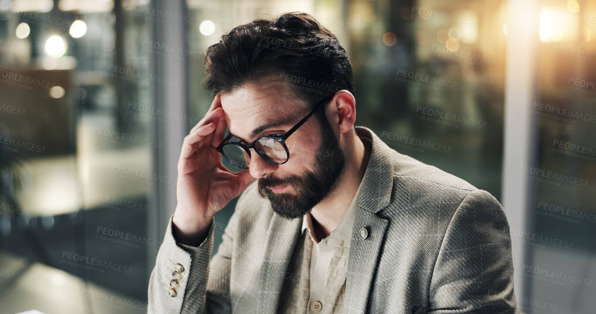 Buy stock photo Businessman, night or headache with stress in office for finance, corporate debt or mistake. Frustrated, man or financial analyst working late with migraine, strain or pressure for company bankruptcy
